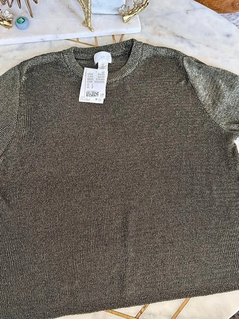 H&M Metallic Knit Top Olive Short Sleeve Size Large